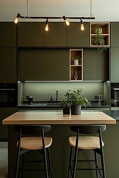 Sleek Dark Olive Kitchen with Natural Wood Accents