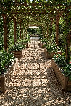 Elegant Rustic Raised Beds Under a Pergola Walkway