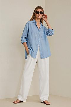 Minimalist Chic: Blue Linen Shirt & Wide Leg Pants Outfit Ideas