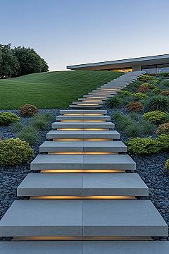 Sloped Front Yard Landscaping: Modern Concrete Steps with Lighting