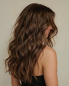 Voluminous Hairstyles for Layered Wavy Hair: Almond Brunette Beauty