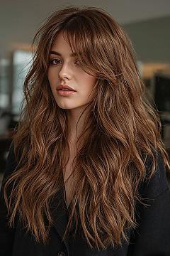 Long Layered Haircuts with Curtain Bangs: Warm Balayage Caramel Style