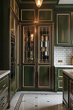 Luxury Green Kitchen: Gold Accents & Marble Elegance