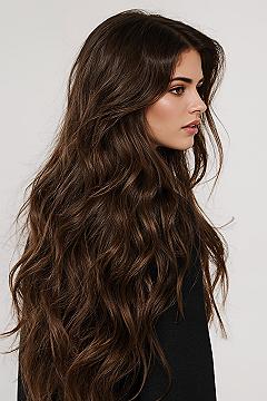 Effortless Blowout Haircut: Long Hair with Wispy Curtain Bangs & Chocolate Layers
