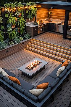 Luxurious Modern Backyard Deck: Outdoor Kitchen & Fire Pit Oasis