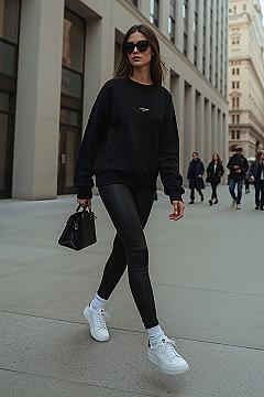 Athleisure Mastery: Chic Black Leggings & Sweatshirt Street Style