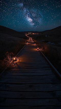 Night Mountains Wallpaper: Starry Path to Scenic Village Views