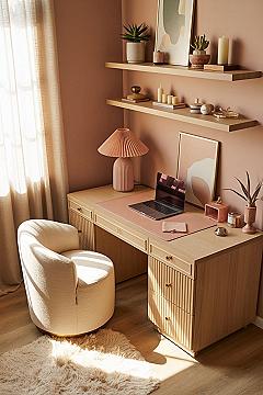 Aesthetic Cozy Desk Setup: Pink & Light Wood for Study Goals