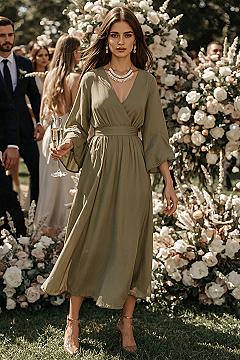 Chic Wedding Guest Dress with Sleeves: Olive Green Sophistication