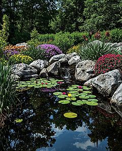 Enchanting Forest Pond: A Tropical Paradise of Colorful Blooms