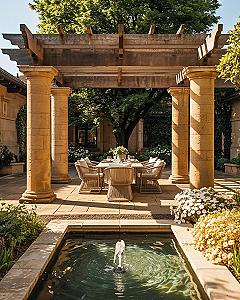Dream Backyard Garden: Luxury Landscaping with Pillars & Fountain