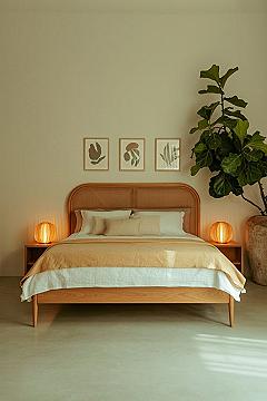 Wicker Teak Wood Queen Bed: Eclectic Style for Neutral Spaces