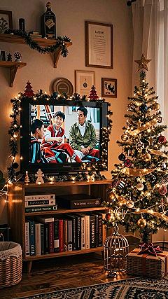 Framing the Television with Festive Garland and Warm Lighting