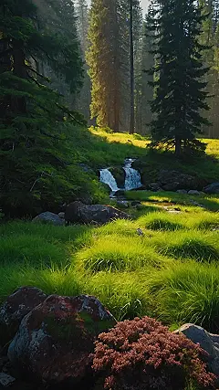 “Evergreen Oasis: Where the Stream Meets the Green”: