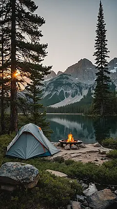 I’m thinking, “Whoa, ditching the boring indoors for this? Finding beautiful camping locations like this one is basically hitting the outdoor jackpot!” Look at that sunset painting the sky and water! It’s so stunning, I half expect a unicorn to trot out from behind the mountains. Forget scrolling through endless social media; this is the real filter-free beauty I need in my life. Seriously, who needs a fancy hotel when I’ve got a view that epic right outside my tent flap?And I’m also thinking, “Camping isn’t just about pitching a tent that might fight back or trying not to drop my marshmallows in the dirt. It’s about cozying up next to a crackling campfire in places so cool, they feel like another planet.” See that setup? Tent glowing like a giant lantern, fire warming my toes while the stars (or dramatic clouds) show off above a glassy lake. These beautiful camping spots make all the tiny struggles of setting up camp worth it. Plus, s’mores taste way better when the scenery is this lit!