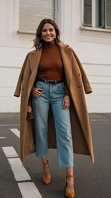 This outfit is the perfect example of how to stay warm and stylish during fall! It’s all about layering, and the long, flowy cardigan gives a super chic vibe. It’s kind of like a fashion cape for those days when it’s chilly but you still want to look amazing.  Just imagine walking down the hallway at school with everyone stopping to admire your look, or getting tons of likes on your Instagram –  you’ll be the trendsetter!The white turtleneck and jeans create a classic look that’s both cozy and effortlessly cool.  The brown boots and purse add a touch of fall color, and the whole outfit is just so comfy and easy to wear.  You can totally wear this to a pumpkin patch, a football game, or even just hanging out with your friends on a chilly autumn evening.  It’s the kind of outfit that makes you feel confident and ready to take on anything!