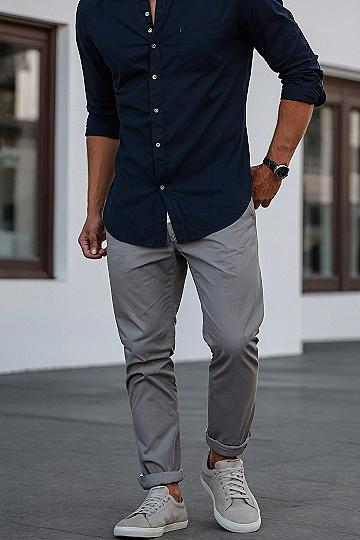 Pairing a Dark Button Down Shirt with Light Grey Chinos