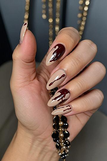 Minimalist Nude Base With Crimson Drip Nail Art