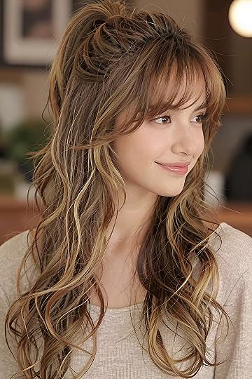 Styling Soft Curtain Bangs with a Half Up Ponytail