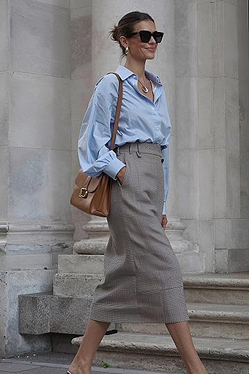 Pairing a Tailored Midi Skirt with a Button Down