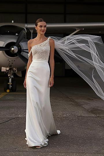 Choosing a One Shoulder Pearl Embellished Bodice