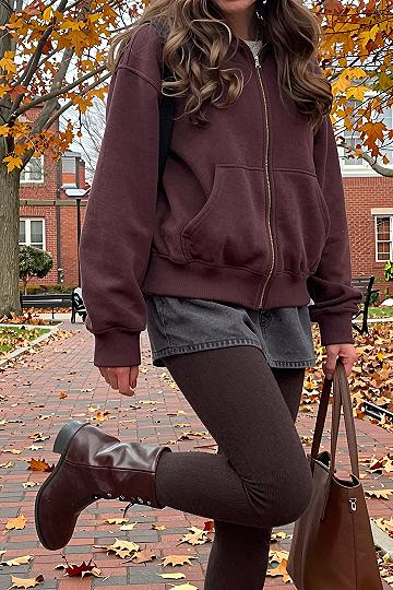 Pairing Brown Long Boots with Casual Hoodies