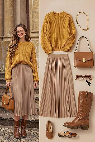 Pairing a Mustard Knit Sweater With a Neutral Pleated Skirt