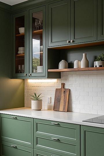 Elegant Clary Sage Green Kitchen Cabinets & White Quartz