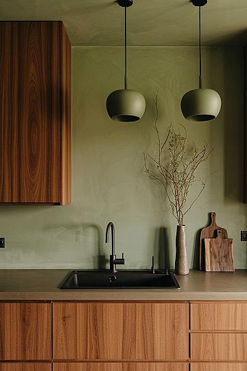 Earthy Green & Stained Wood Kitchen: A Warm Japandi Sanctuary