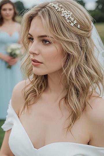 Elegant Wedding Hair for Long Hair: Cascading Curls with Floral Accents