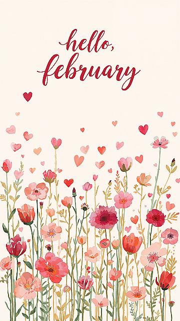 Hello February: Charming Watercolor Floral & Heart Phone Wallpaper