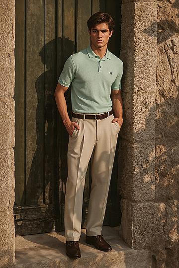 European Summer Style: Mint Polo & Pleated Beige Trousers