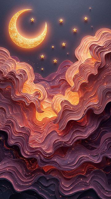Whimsical Celestial Art: Purple & Gold Night Sky iPhone Wallpaper