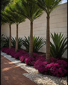 Lined Palm Trees and Colorful Shrubs for a Structured Tropical Edge