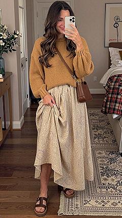 Why Matching a Mustard Sweater With a Printed Skirt Works