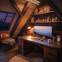 Attic Home Office: Cozy Loft Conversion with Warm Wood & Ambient Glow