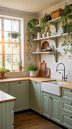 Cozy Living Room Meets Sage Green Kitchen: Garden View Bliss