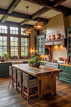 Rustic Farmstyle Kitchen Ideas: Dark Green & Wood Beams