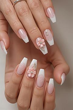 3D Pink Floral Acrylic Nails: Cute Elegant Wedding Designs