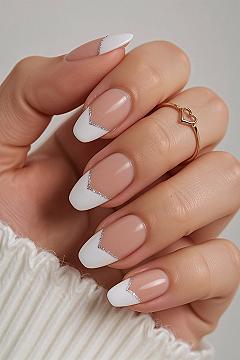 Elegant French Gel Nails: Silver Sparkle & Chic Simplicity