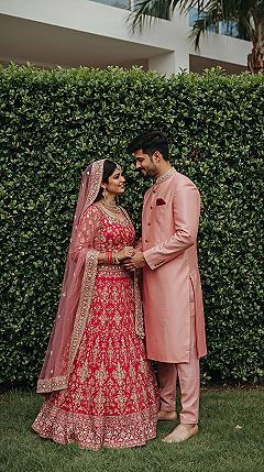 Coordinated Engagement Couple Outfits: Pink Lehenga & Kurta Elegance
