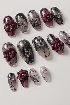Gothic Purple Floral Marble Nails: Dark Romance & Whimsical Charm