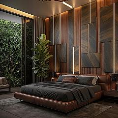 Modern Luxury Bedroom Design: Elegant Wood & Stone for a Dark Bedroom Aesthetic