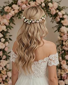 Timeless Half Up Wedding Hair with Flowers for Long Wavy Locks