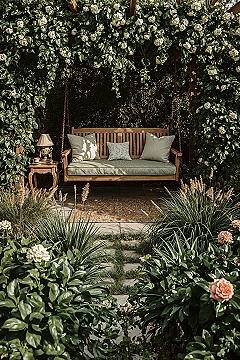 Cozy Garden Swing Nook: Charming Front Home Landscaping Ideas