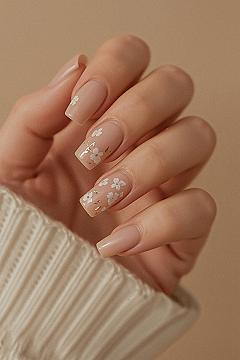 Minimalist Beige Floral Nails with Gold Flakes