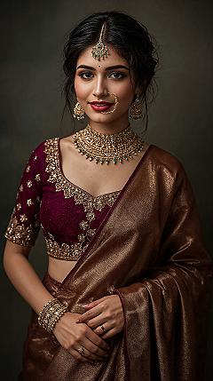 Timeless Indian Bridal Saree Look: Elegant Long Hair & Maangtika Designs