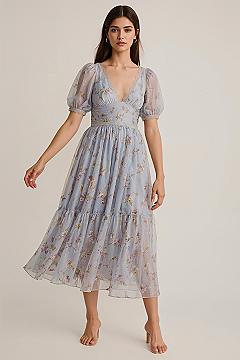 Light Blue Floral Midi Dress: Perfect for Wedding Guests & Cocktail Attire