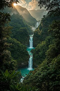 Majestic Tropical Rainforests: Cascading Waterfalls & Lush Greens