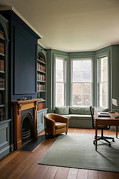 Edwardian Terrace Home Office: Sage Bay Window Design Inspiration